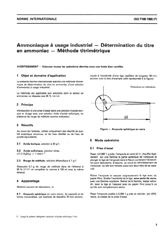 ISO 7108:1985 - Ammoniaque a usage industriel -- De1termination du titre en ammoniac -- Méthode titrimétrique