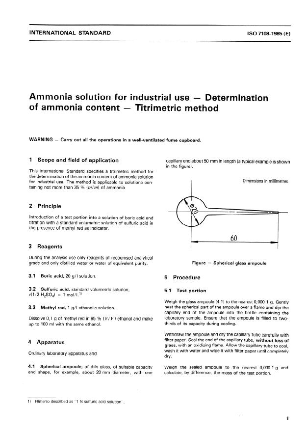 ISO 7108:1985 - Ammonia solution for industrial use -- Determination of ammonia content -- Titrimetric method
