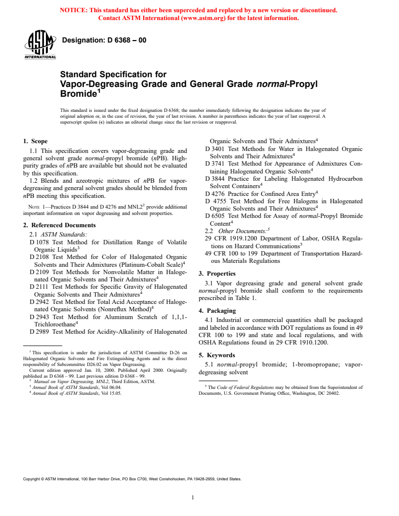 ASTM D6368-00 - Standard Specification for Vapor-Degreasing Grade and General Grade <i>normal</i>-Propyl Bromide