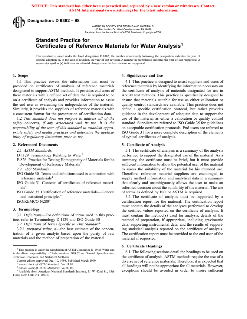 ASTM D6362-98 - Standard Practice for Certificates of Reference Materials for Water Analysis