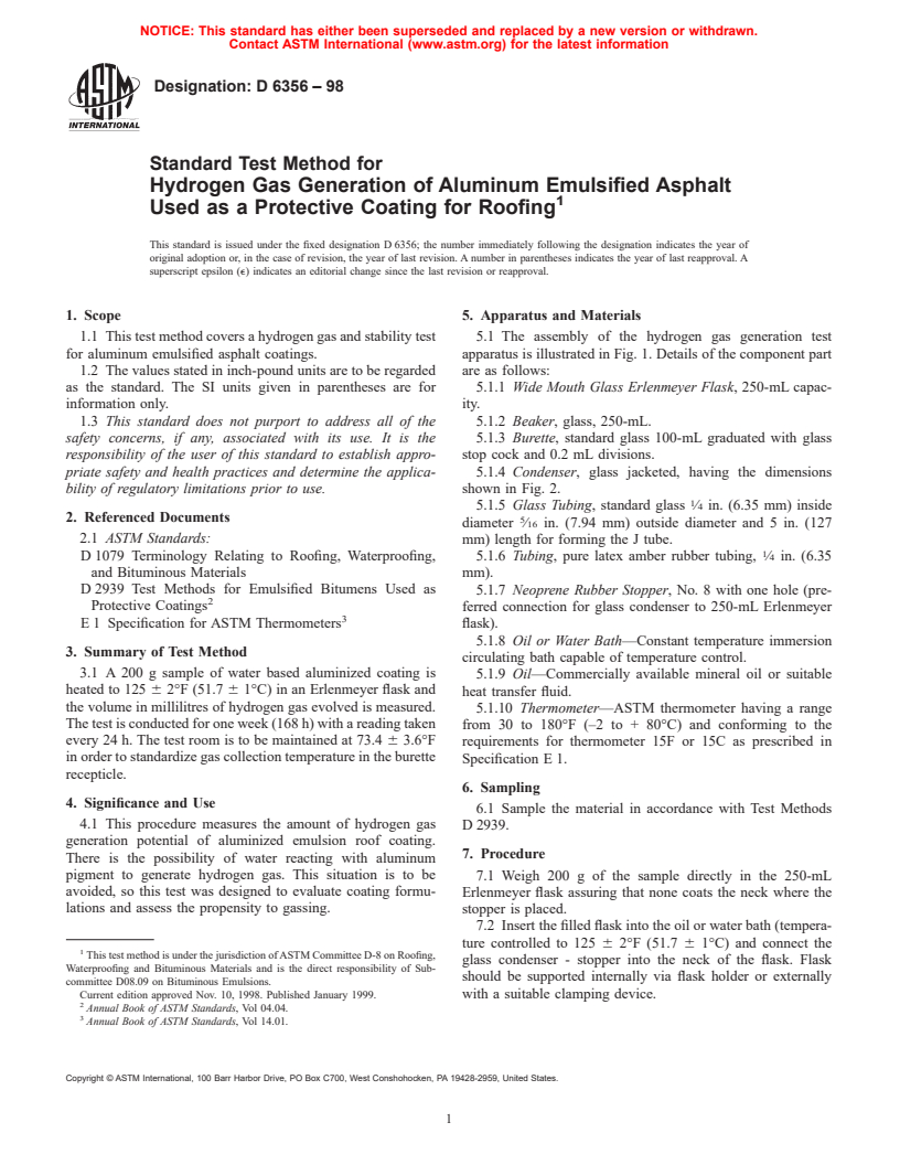 ASTM D6356-98 - Standard Test Method for Hydrogen Gas Generation of Aluminum Emulsified Asphalt Used as a Protective Coating for Roofing