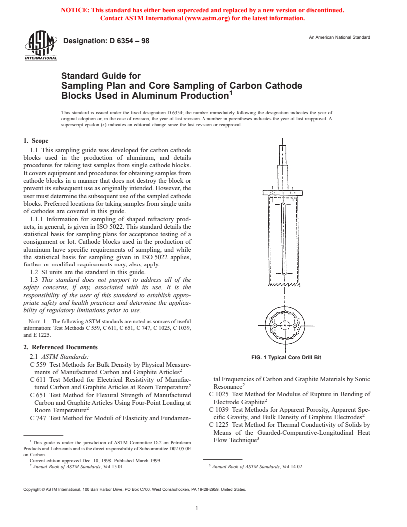 ASTM D6354-98 - Standard Guide for Sampling Plan and Core Sampling of Carbon Cathode Blocks Used in Aluminum Production