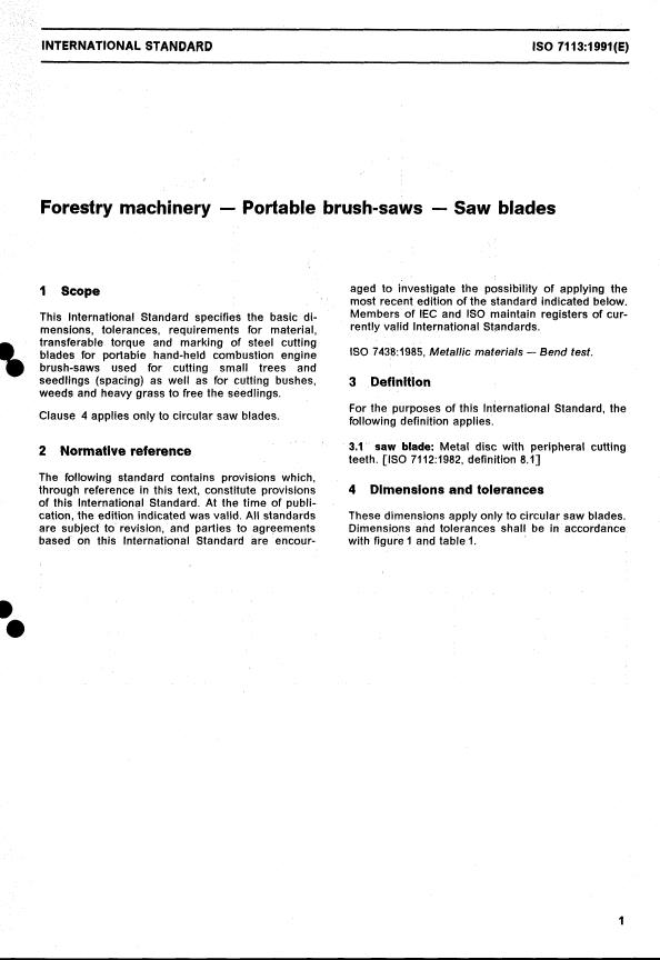 ISO 7113:1991 - Forestry machinery -- Portable brush-saws -- Saw blades