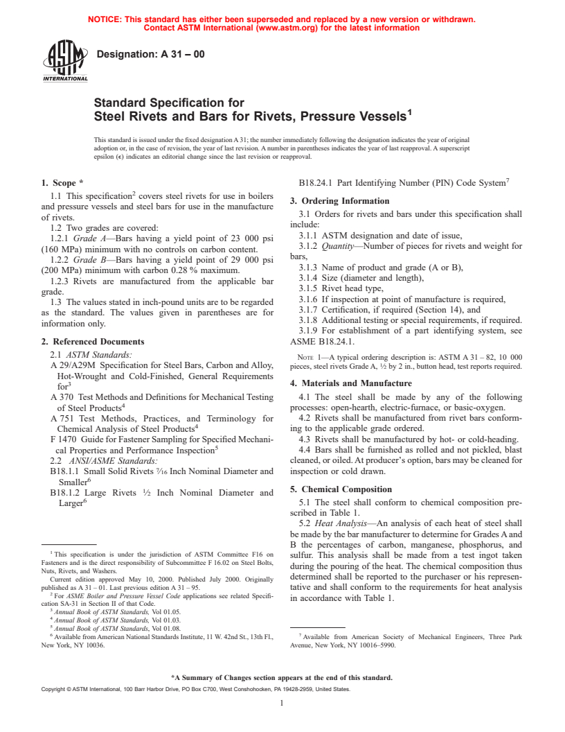 ASTM A31-00 - Standard Specification for Steel Rivets and Bars for Rivets, Pressure Vessels