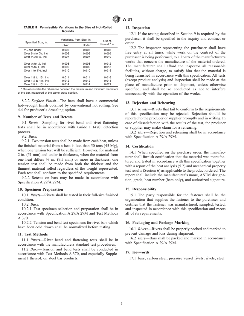 ASTM A31-00 - Standard Specification for Steel Rivets and Bars for Rivets, Pressure Vessels