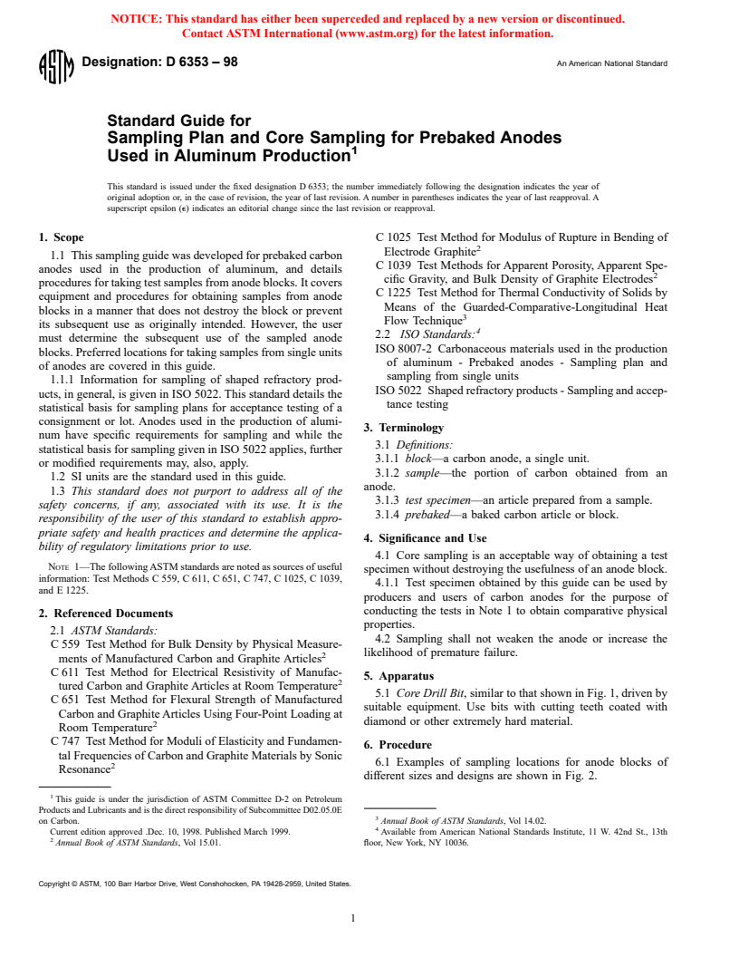 ASTM D6353-98 - Standard Guide for Sampling Plan and Core Sampling for Prebaked Anodes Used in Aluminum Production