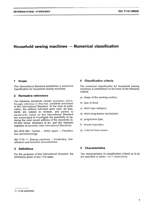 ISO 7114:1990 - Household sewing machines -- Numerical classification