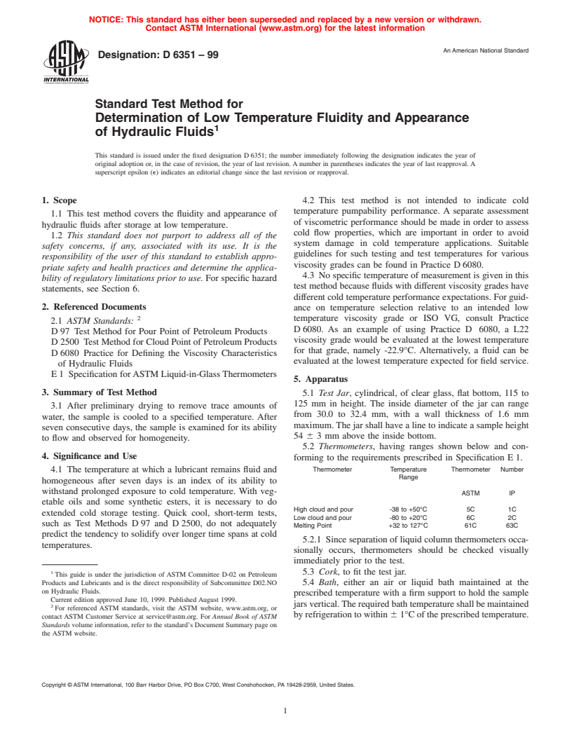 ASTM D6351-99 - Standard Test Method for Determination of Low Temperature Fluidity and Appearance of Hydraulic Fluids