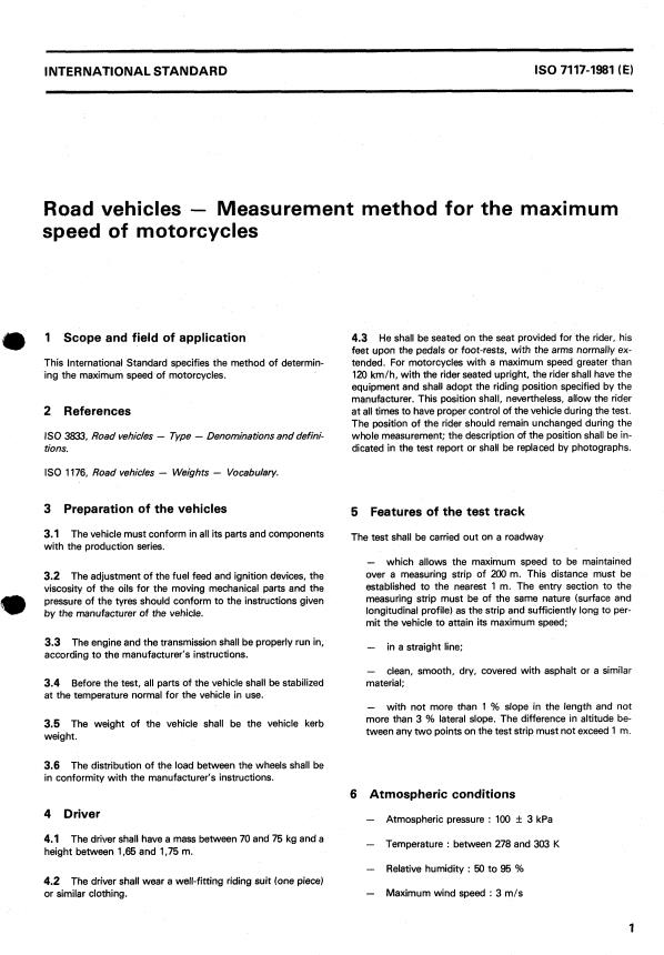 ISO 7117:1981 - Road vehicles -- Measurement method for the maximum speed of motorcycles