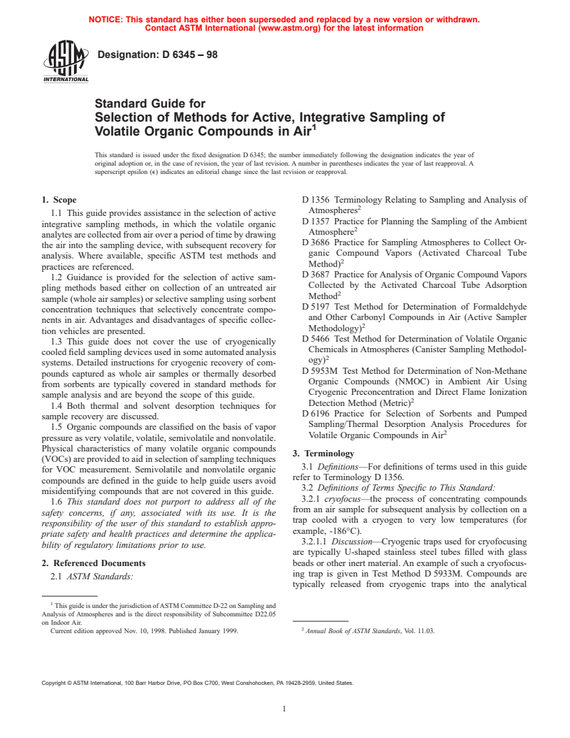 ASTM D6345-98 - Standard Guide for Selection of Methods for Active, Integrative Sampling of Volatile Organic Compounds in Air