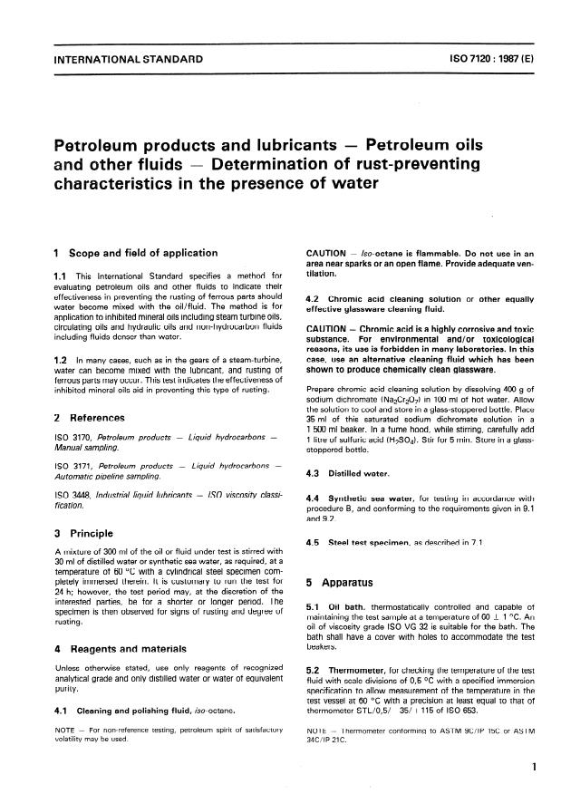 ISO 7120:1987 - Petroleum products and lubricants -- Petroleum oils and other fluids -- Determination of rust-preventing characteristics in the presence of water