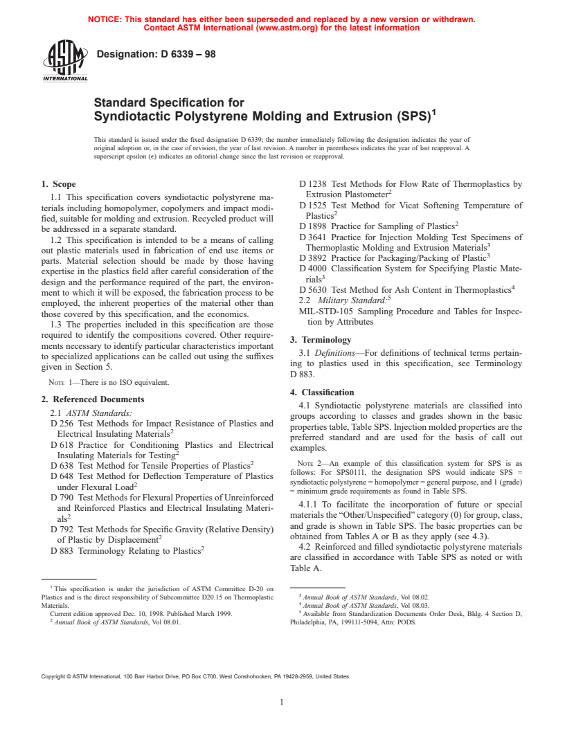 ASTM D6339-98 - Standard Specification for Syndiotactic Polystyrene Molding and Extrusion (SPS)