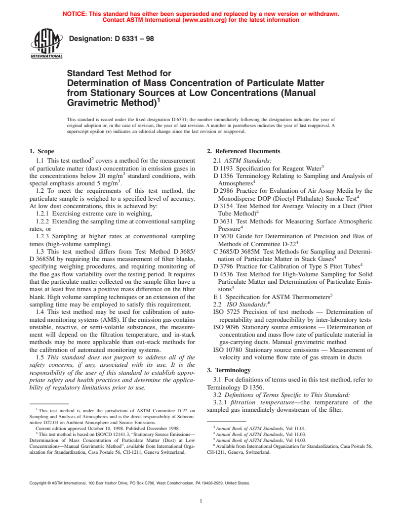 ASTM D6331-98 - Standard Test Method for Determination of Mass Concentration of Particulate Matter from Stationary Sources at Low Concentrations (Manual Gravimetric Method)