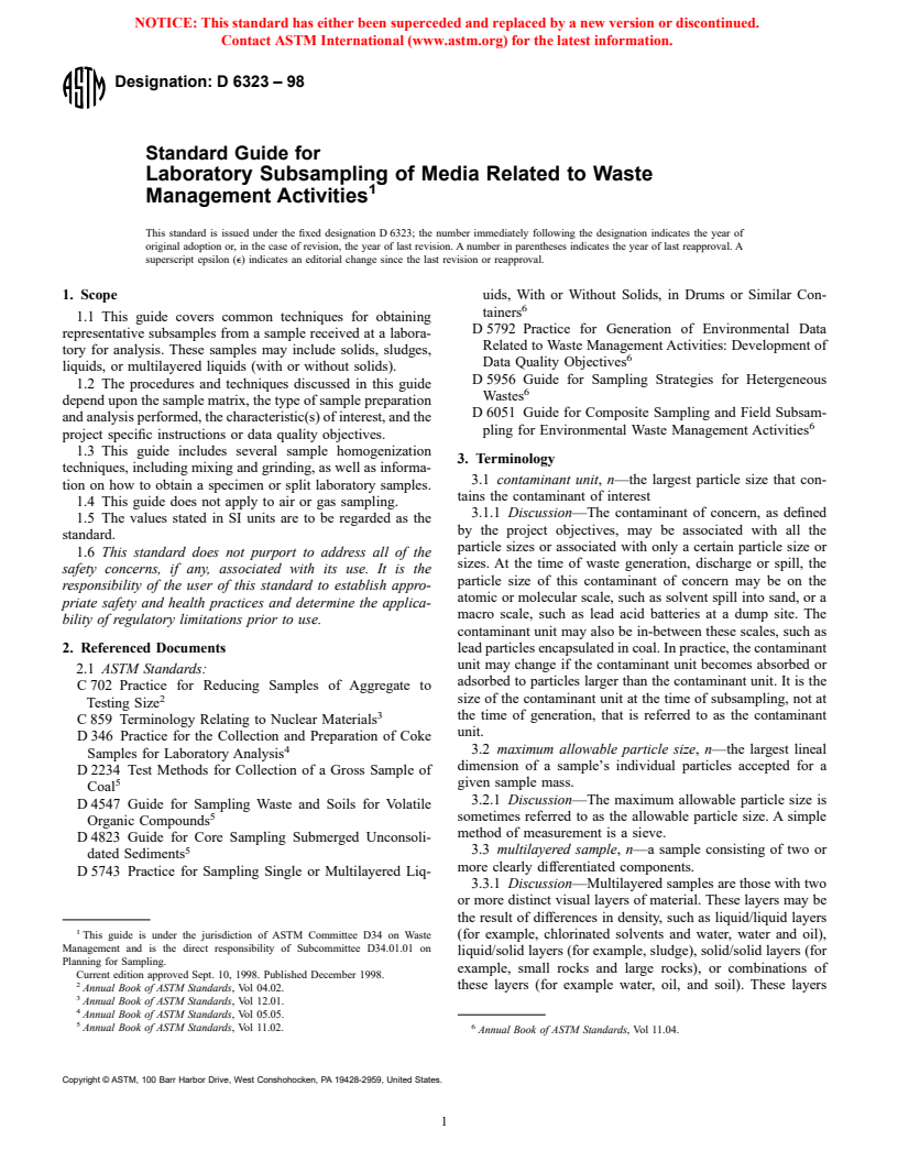 ASTM D6323-98 - Standard Guide for Laboratory Subsampling of Media Related to Waste Management Activities