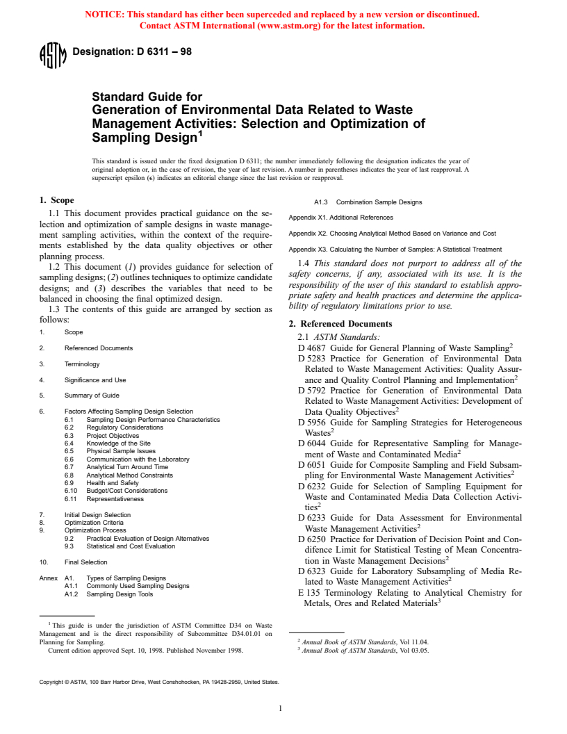 ASTM D6311-98 - Standard Guide for Generation of Environmental Data Related to Waste Management Activities: Selection and Optimization of Sampling Design