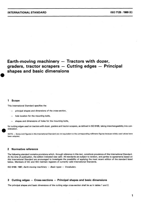 ISO 7129:1989 - Earth-moving machinery -- Tractors with dozer, graders, tractor scrapers -- Cutting edges -- Principal shapes and basic dimensions