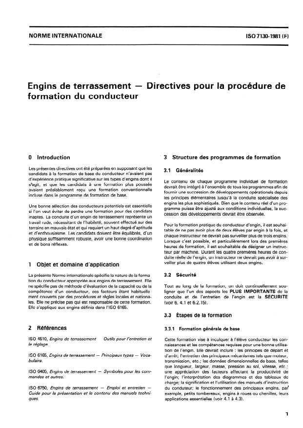 ISO 7130:1981 - Engins de terrassement -- Directives pour la procédure de formation du conducteur