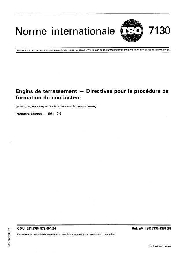 ISO 7130:1981 - Engins de terrassement -- Directives pour la procédure de formation du conducteur