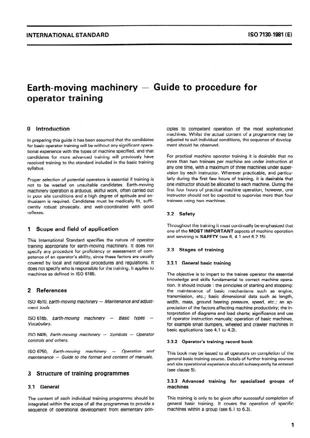 ISO 7130:1981 - Earth-moving machinery -- Guide to procedure for operator training