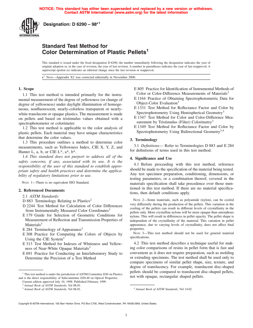 ASTM D6290-98e1 - Standard Test Method for Color Determination of Plastic Pellets