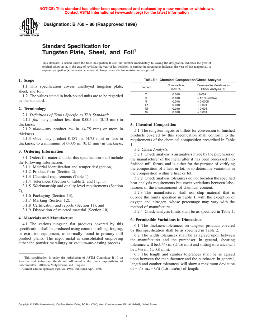 ASTM B760-86(1999) - Standard Specification for Tungsten Plate, Sheet, and Foil