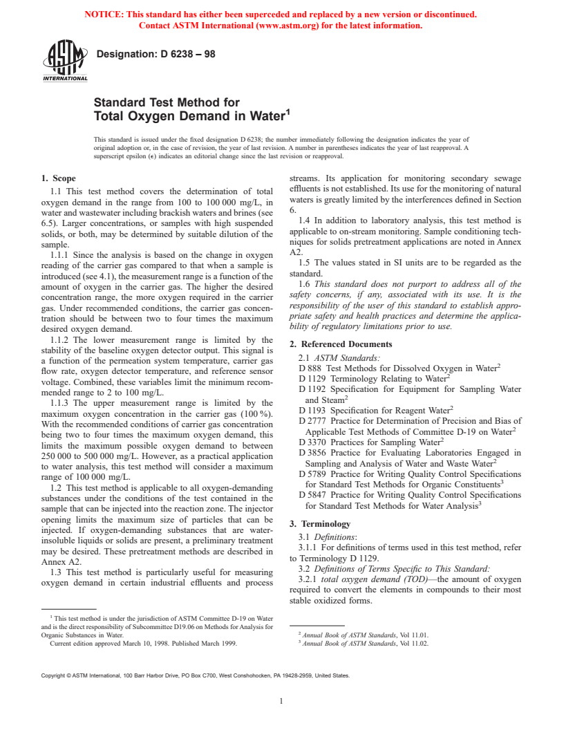 ASTM D6238-98 - Standard Test Method for Total Oxygen Demand in Water