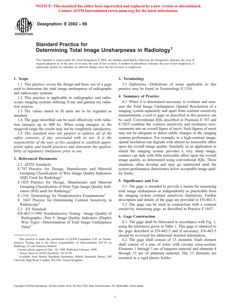 ASTM E2002-98 - Standard Practice for Determining Total Image Unsharpness in Radiology