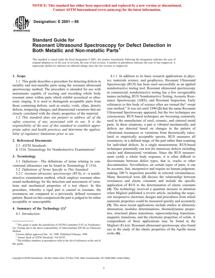 ASTM E2001-98 - Standard Guide for Resonant Ultrasound Spectroscopy for Defect Detection in Both Metallic and Non-Metallic Parts