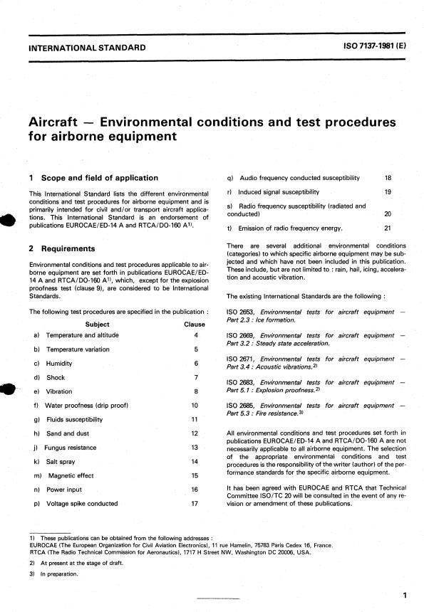 ISO 7137:1981 - Aircraft -- Environmental conditions and test procedures for airborne equipment