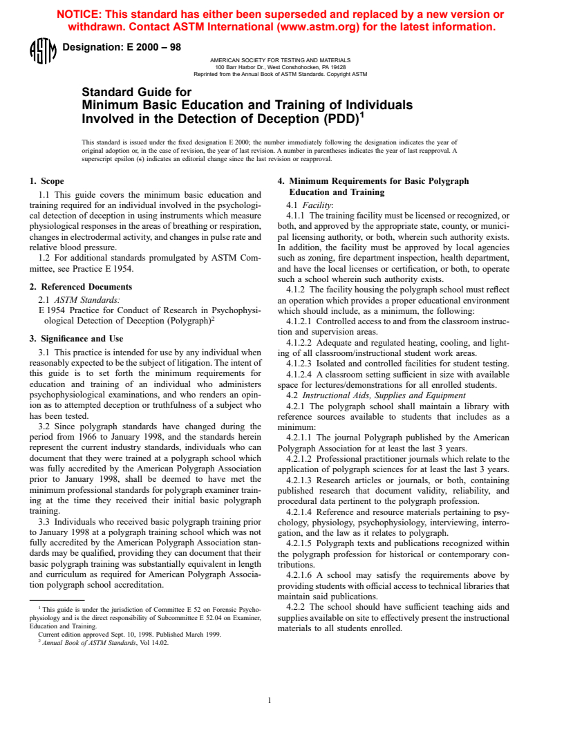 ASTM E2000-98 - Standard Guide for Minimum Basic Education and Training of Individuals Involved in the Detection of Deception (PDD)