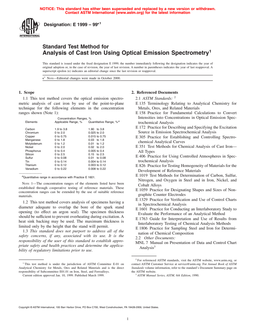 ASTM E1999-99e1 - Standard Test Method for Analysis of Cast Iron Using Optical Emission Spectrometry