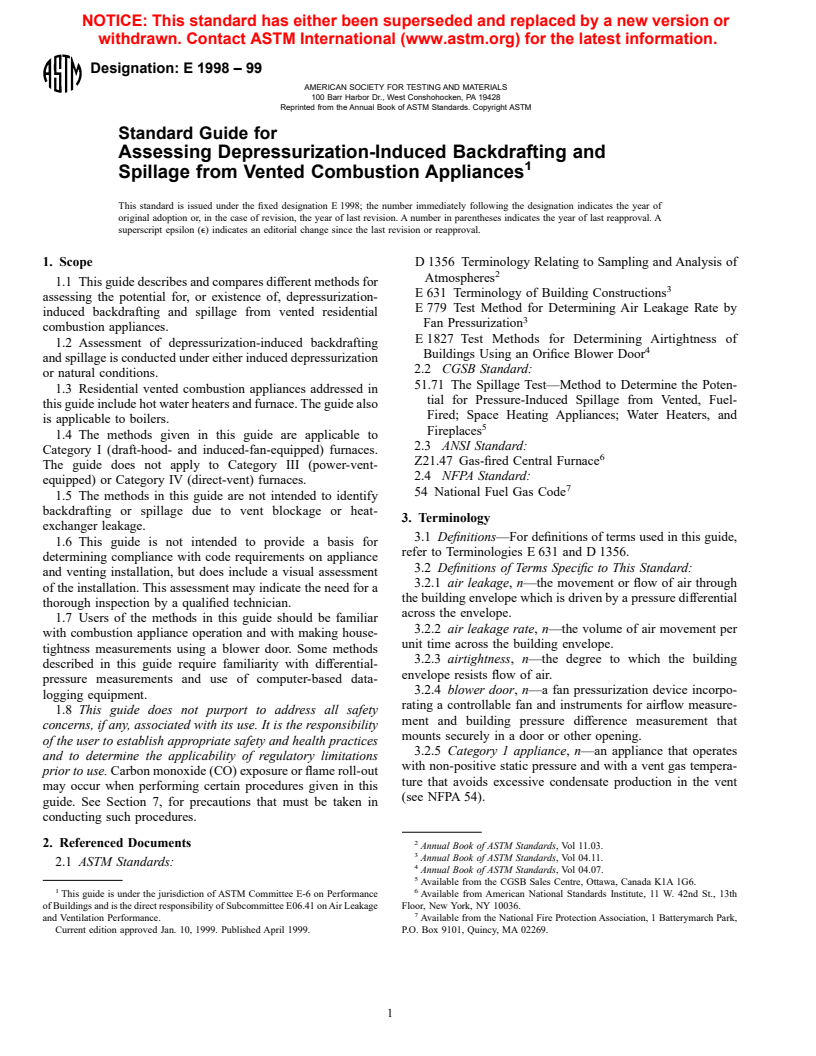 ASTM E1998-99 - Standard Guide for Assessing Depressurization-Induced Backdrafting and Spillage from Vented Combustion Appliances