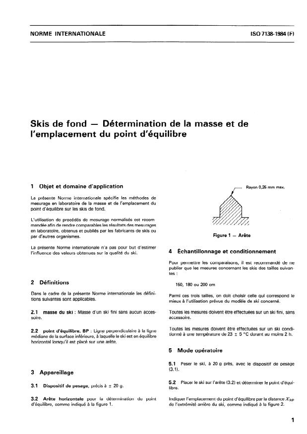 ISO 7138:1984 - Skis de fond -- Détermination de la masse et de l'emplacement du point d'équilibre