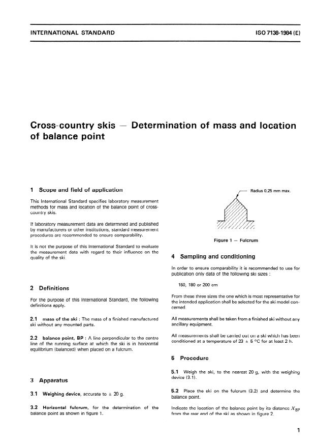 ISO 7138:1984 - Cross-country skis -- Determination of mass and location of balance point