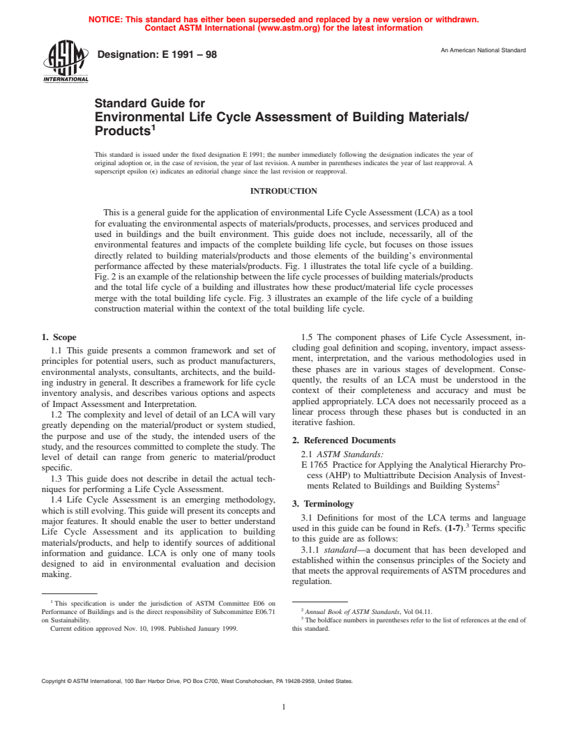 ASTM E1991-98 - Standard Guide for Environmental Life Cycle Assessment of Building Materials/Products