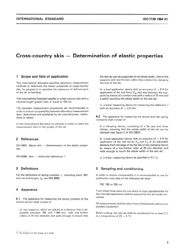 ISO 7139:1984 - Cross-country skis -- Determination of elastic properties