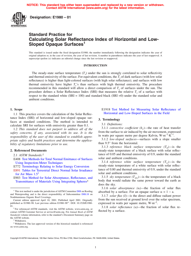 ASTM E1980-01 - Standard Practice for Calculating Solar Reflectance Index of Horizontal and Low-Sloped Opaque Surfaces (Withdrawn 2010)