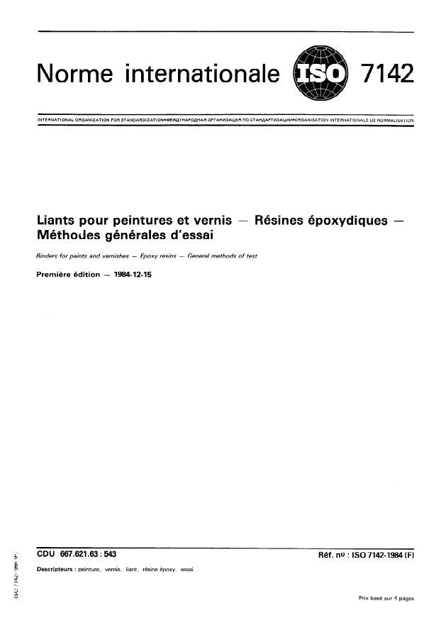 ISO 7142:1984 - Liants pour peintures et vernis -- Résines époxydiques -- Méthodes générales d'essai