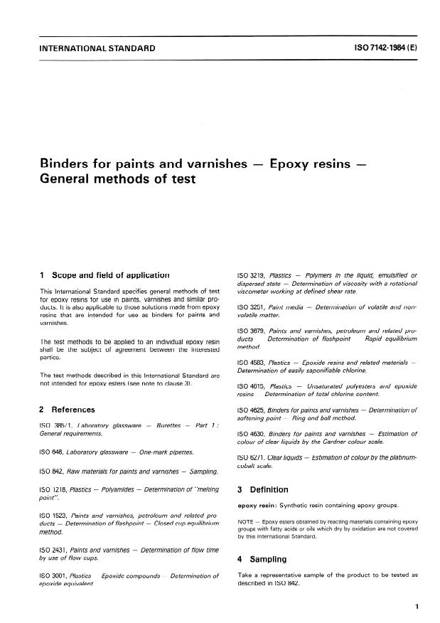 ISO 7142:1984 - Binders for paints and varnishes -- Epoxy resins -- General methods of test