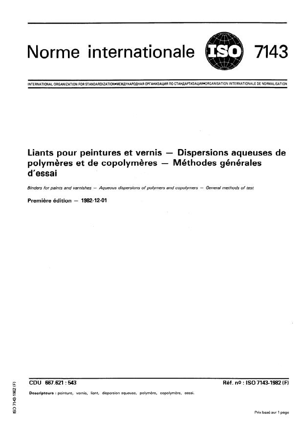 ISO 7143:1982 - Liants pour peintures et vernis -- Dispersions aqueuses de polymeres et de copolymeres -- Méthodes générales d'essai