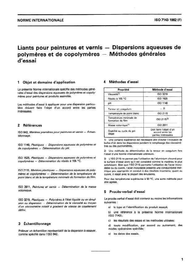 ISO 7143:1982 - Liants pour peintures et vernis -- Dispersions aqueuses de polymeres et de copolymeres -- Méthodes générales d'essai