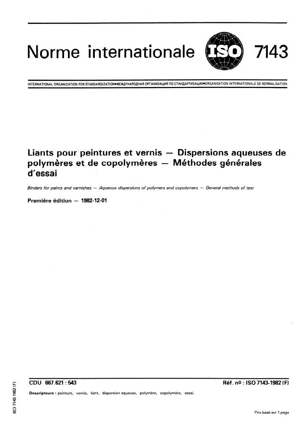 ISO 7143:1982 - Liants pour peintures et vernis -- Dispersions aqueuses de polymeres et de copolymeres -- Méthodes générales d'essai