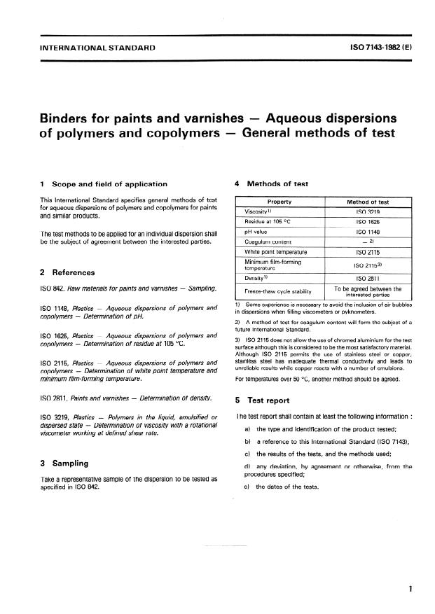 ISO 7143:1982 - Binders for paints and varnishes -- Aqueous dispersions of polymers and copolymers -- General methods of test