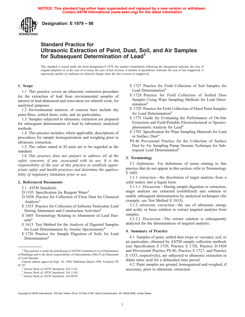 ASTM E1979-98 - Standard Practice for Ultrasonic Extraction of Paint, Dust, Soil, and Air Samples for Subsequent Determination of Lead