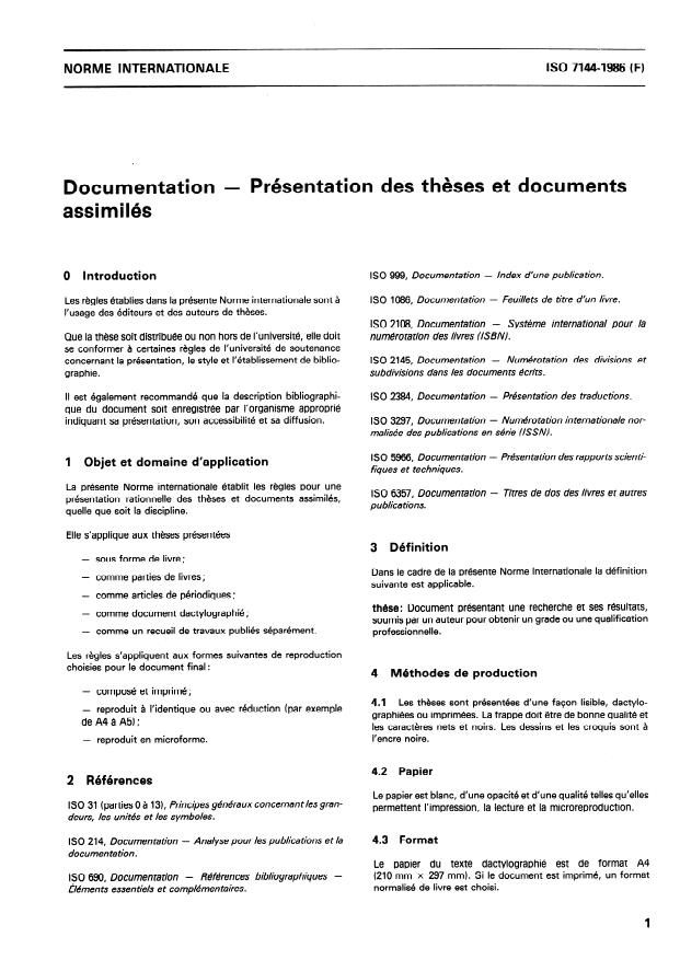 ISO 7144:1986 - Documentation -- Présentation des theses et documents assimilés