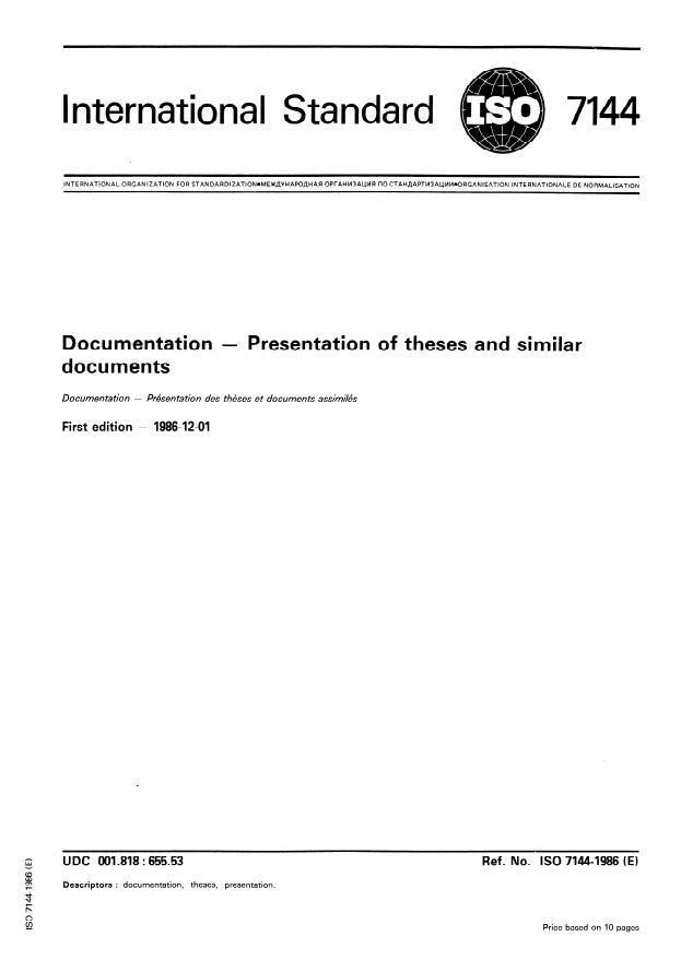 ISO 7144:1986 - Documentation -- Presentation of theses and similar documents