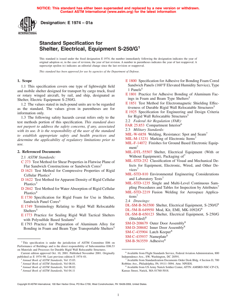 ASTM E1974-01a - Standard Specification for Shelter, Electrical, Equipment S-250/G