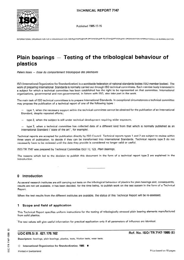 ISO/TR 7147:1985 - Plain bearings -- Testing of the tribological behaviour of plastics