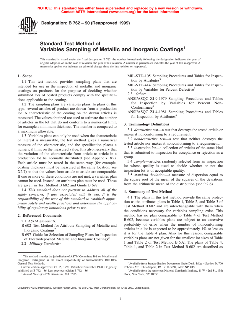 ASTM B762-90(1999) - Standard Test Method of Variables Sampling of Metallic and Inorganic Coatings