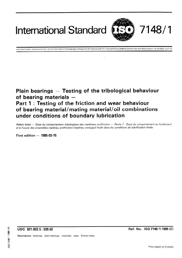 ISO 7148-1:1985 - Plain bearings -- Testing of the tribological behaviour of bearing materials